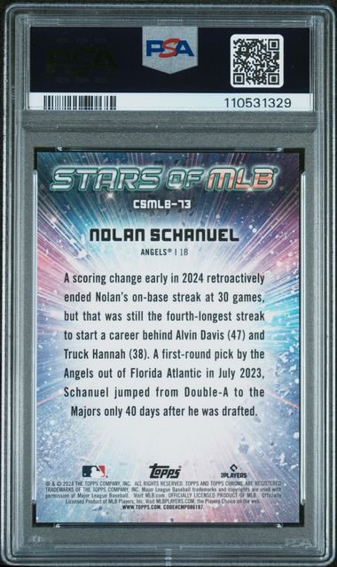Graded 2024 Topps Nolan Schanuel #CSMLB73 /75 Stars of MLB Chrome Red Refractor Rookie RC Baseball Card PSA 10 Gem Mint