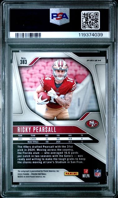 Graded 2024 Panini Prizm Ricky Pearsall #383 Pink Prizm Autograph Rookie RC Football Card PSA 9 Mint