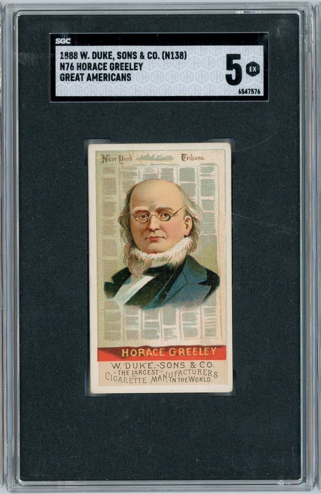 Graded 1888 N76 W. Duke, Sons & Co. (N138) Great Americans #HG Horace Greeley Baseball Tobacco Card SGC 5