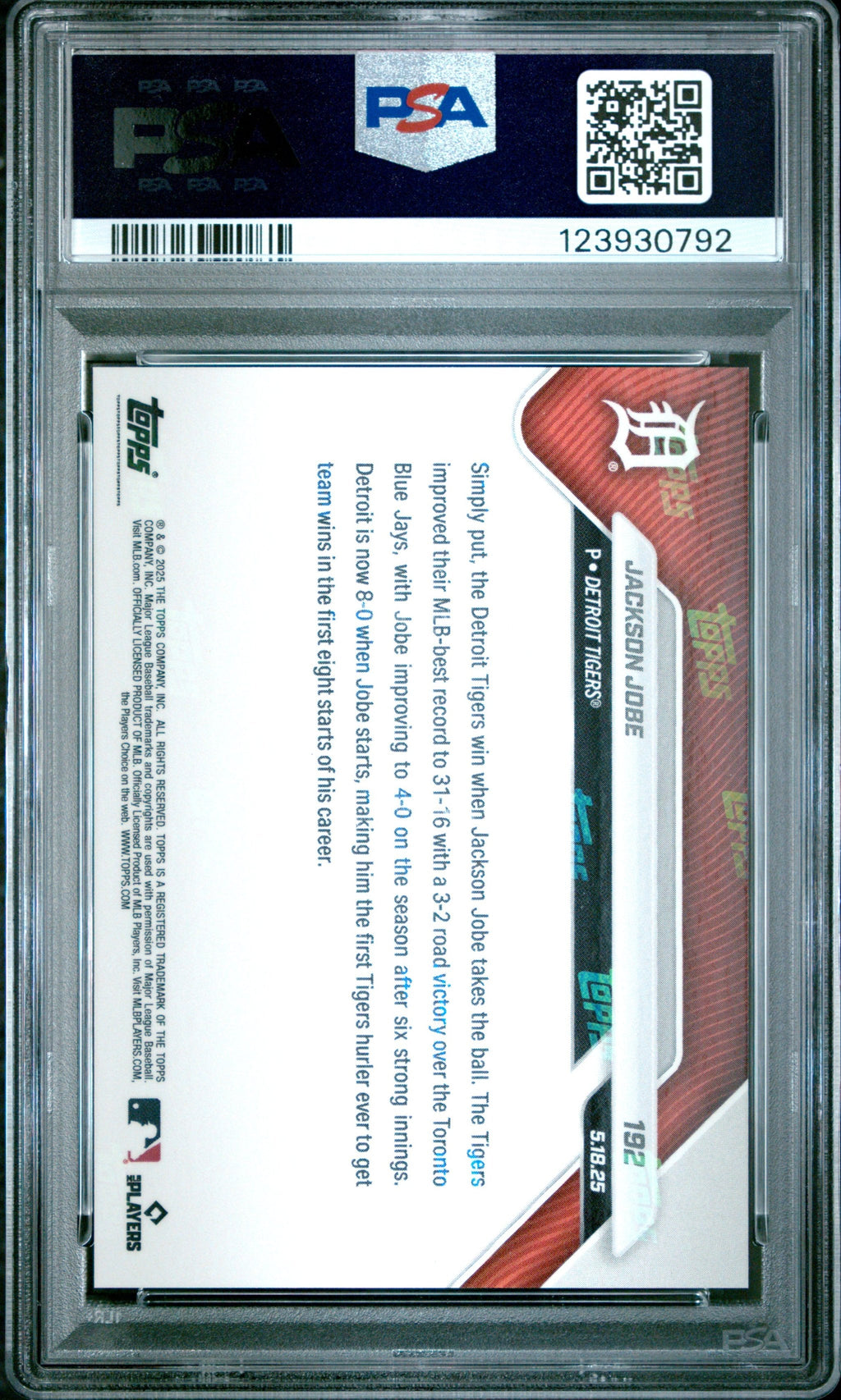 Graded 2025 Topps Now Jackson Jobe #192 Rookie RC Baseball Card PSA 10 Gem Mint