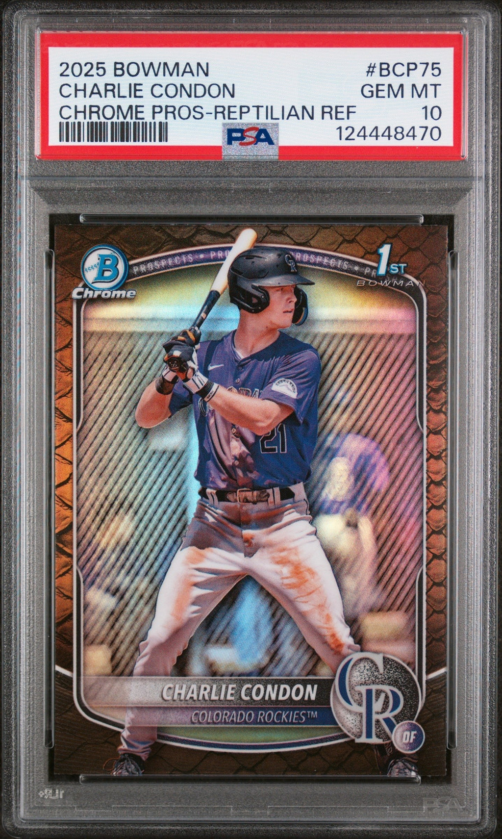 Graded 2025 Topps Bowman Charlie Condon #BCP75 Chrome Prospects Reptilian Refractor Rookie RC Baseball Card PSA 10 Gem Mint