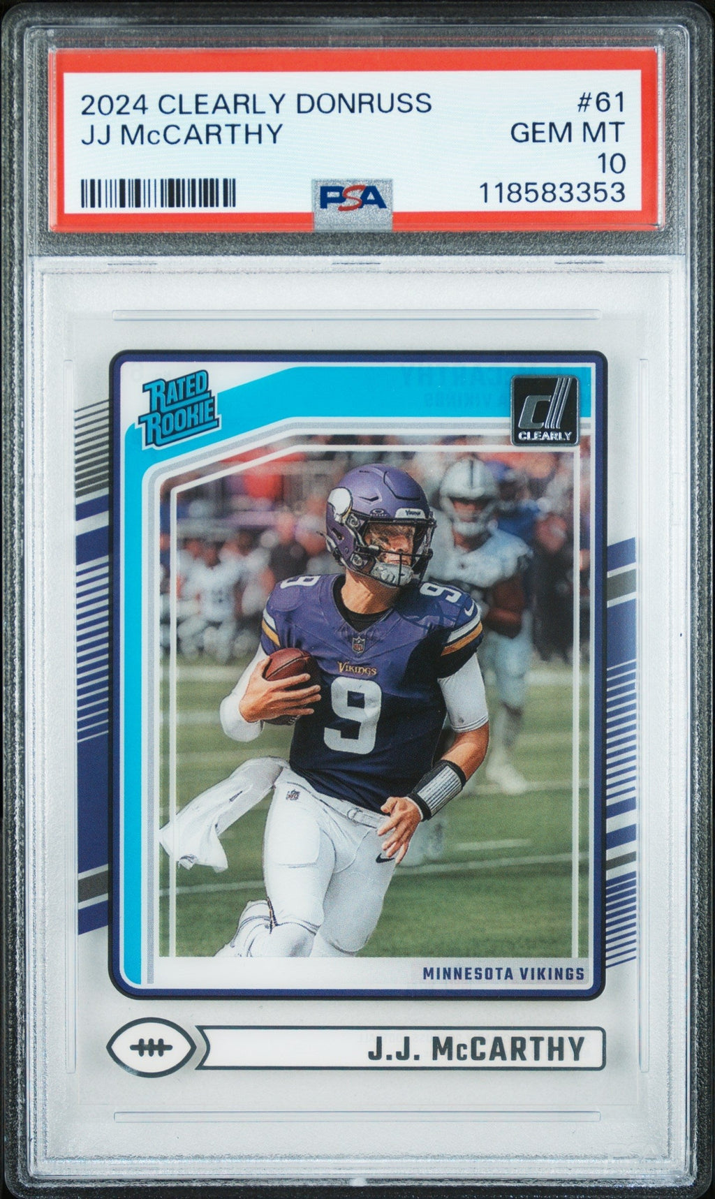 Graded 2024 Panini Clearly Donruss JJ McCarthy #61 Rookie RC Football Card PSA 10 Gem Mint