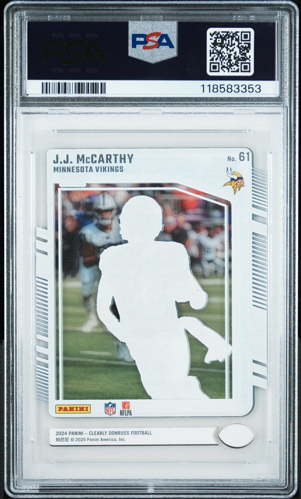 Graded 2024 Panini Clearly Donruss JJ McCarthy #61 Rookie RC Football Card PSA 10 Gem Mint