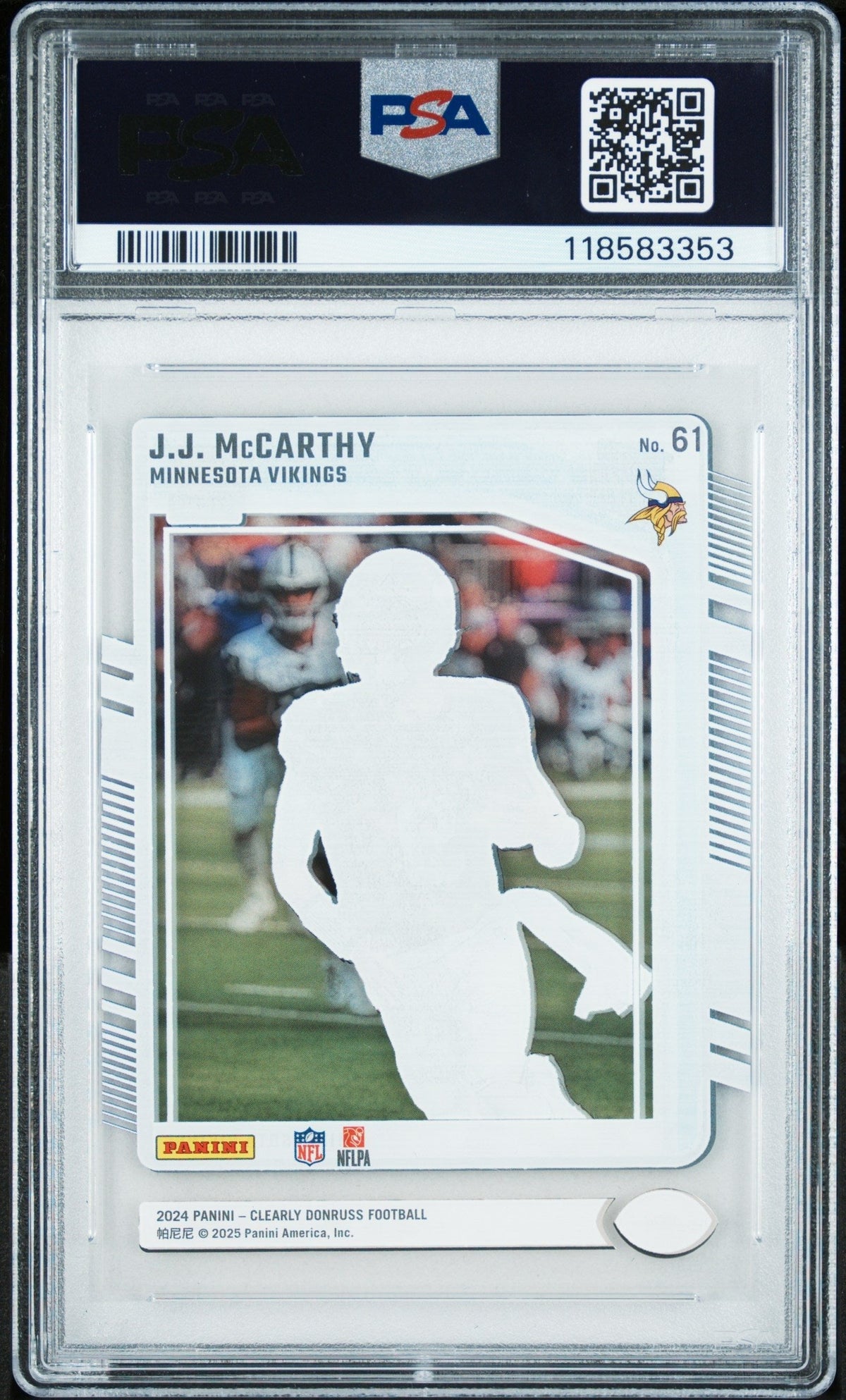 Graded 2024 Panini Clearly Donruss JJ McCarthy #61 Rookie RC Football Card PSA 10 Gem Mint