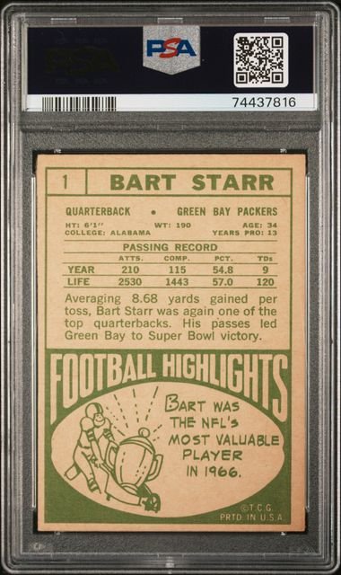 Graded 1968 Topps Bart Starr #1 Football Card PSA 4 VG-EX