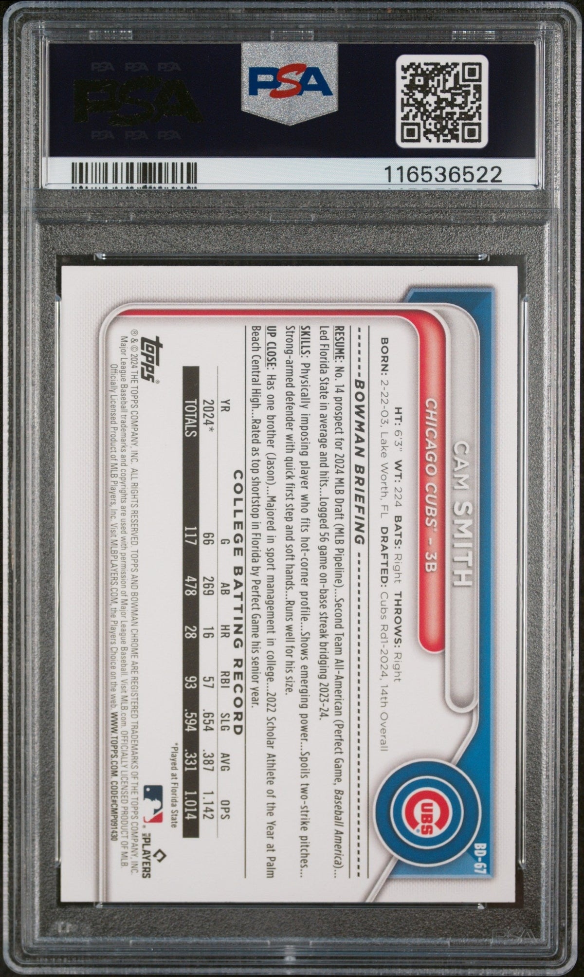 Graded 2024 Topps Bowman Draft Cam Smith #BD67 Rookie RC Baseball Card PSA 10 Gem Mint