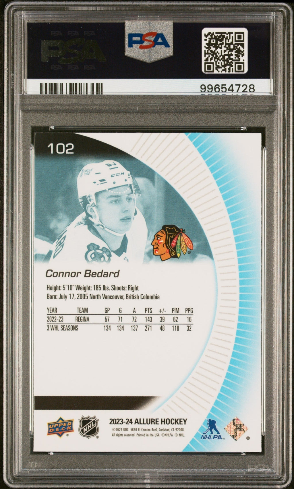 Graded 2023 Upper Deck Allure Connor Bedard #102 Rookie RC Hockey Card PSA 10 Gem Mint