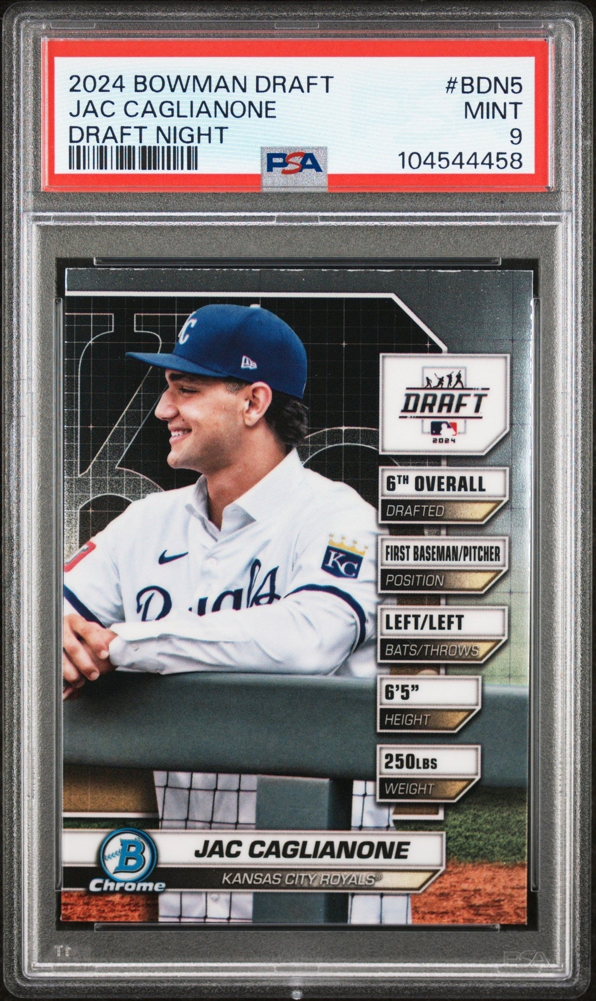 Graded 2024 Topps Bowman Draft Jac Caglianone #BDN5 Draft Night Rookie RC Baseball Card PSA 9 Mint