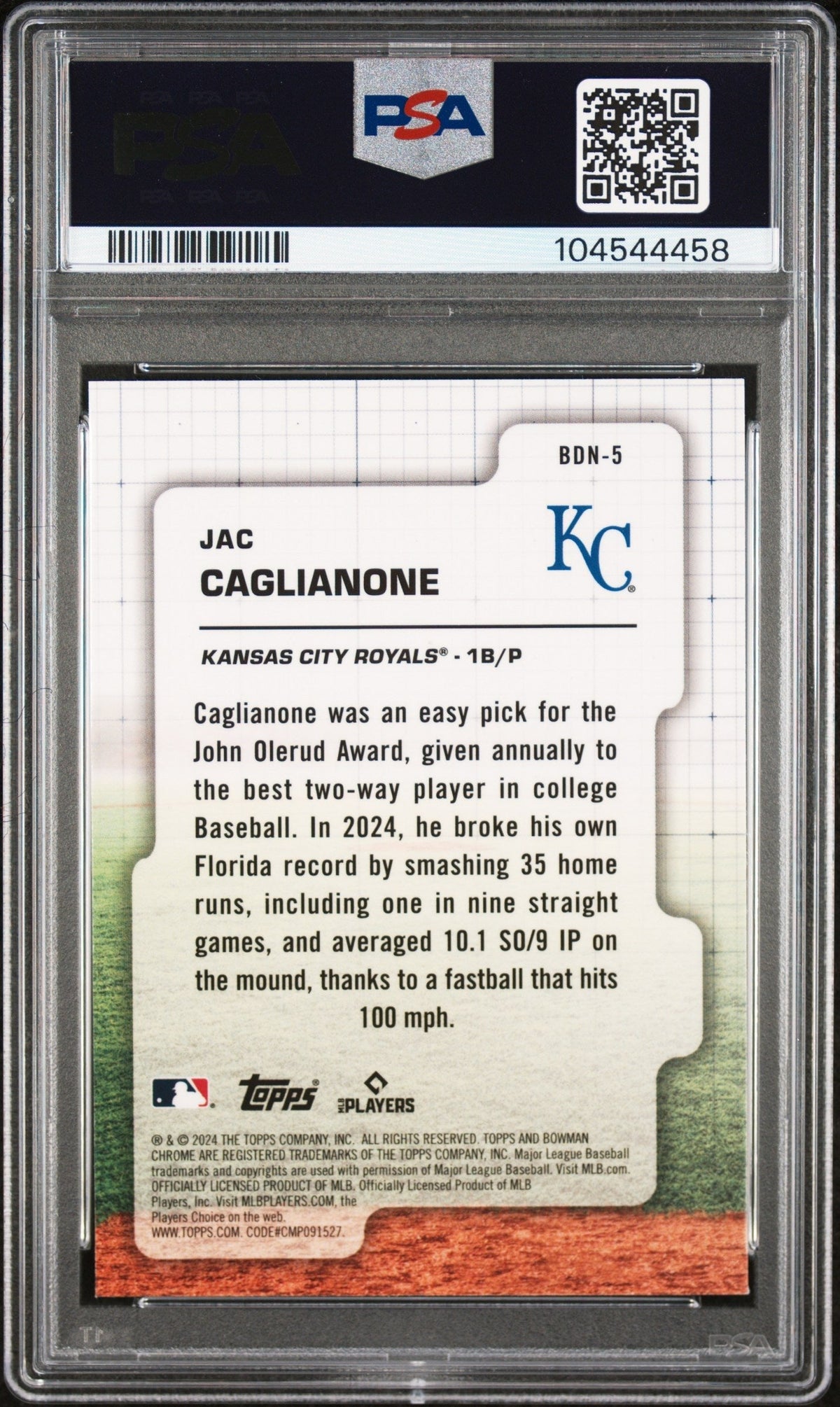 Graded 2024 Topps Bowman Draft Jac Caglianone #BDN5 Draft Night Rookie RC Baseball Card PSA 9 Mint