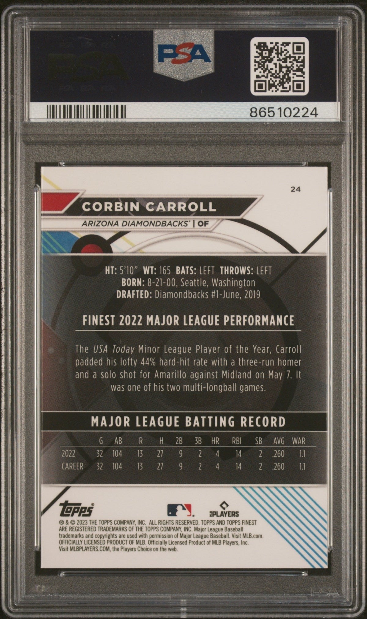 Graded 2023 Topps Finest Corbin Carroll #24 Rookie RC Baseball Card PSA 10 Gem Mint