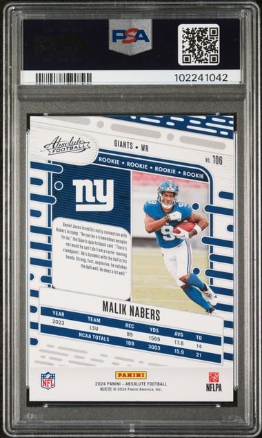 Graded 2024 Panini Absolute Malik Nabers #106 Red and Blue Rookie RC Football Card PSA 10 Gem Mint