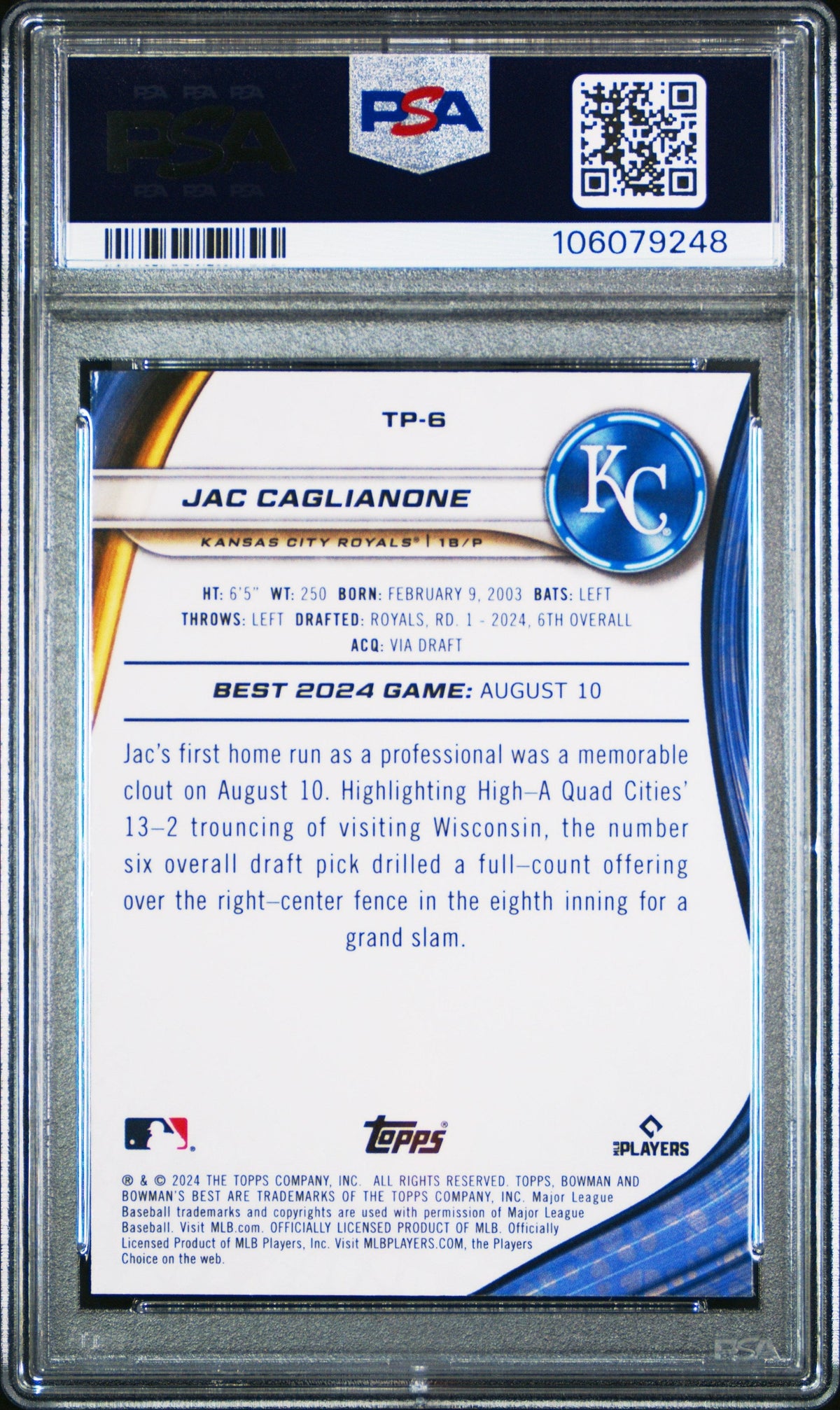 Graded 2024 Topps Bowmans Best Jac Caglianone #TP6 Top Prospects Rookie RC Baseball Card PSA 10 Gem Mint