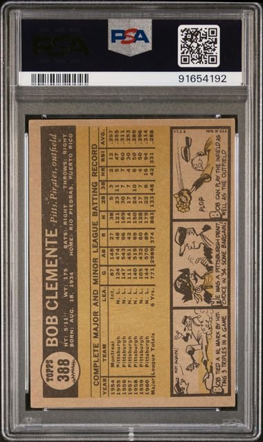 Graded 1961 Topps Bob Roberto Clemente #388 Baseball Card PSA 2 Good