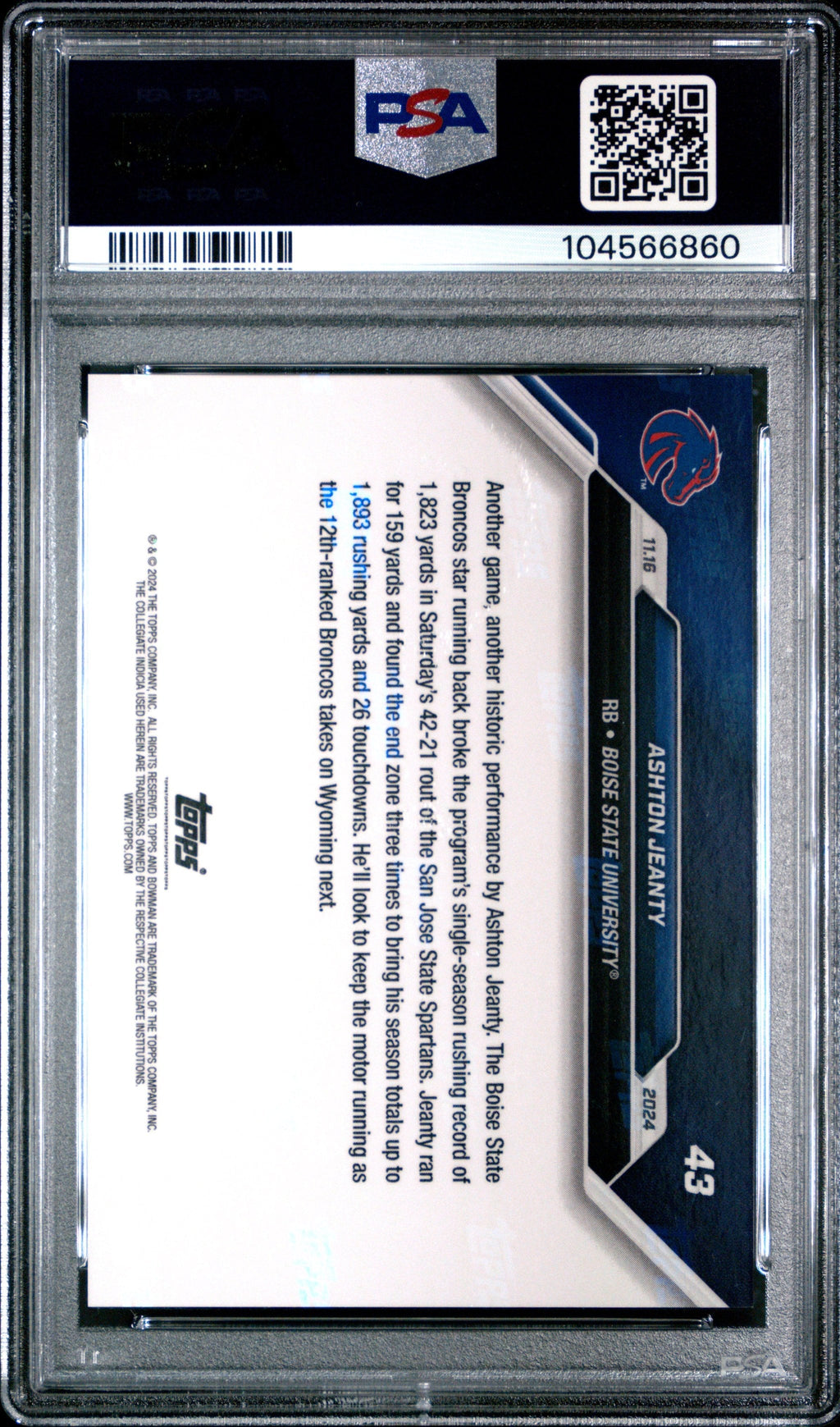 Graded 2024 Topps Bowman U Now Ashton Jeanty #43 Rookie RC Football Card PSA 10 Gem Mint