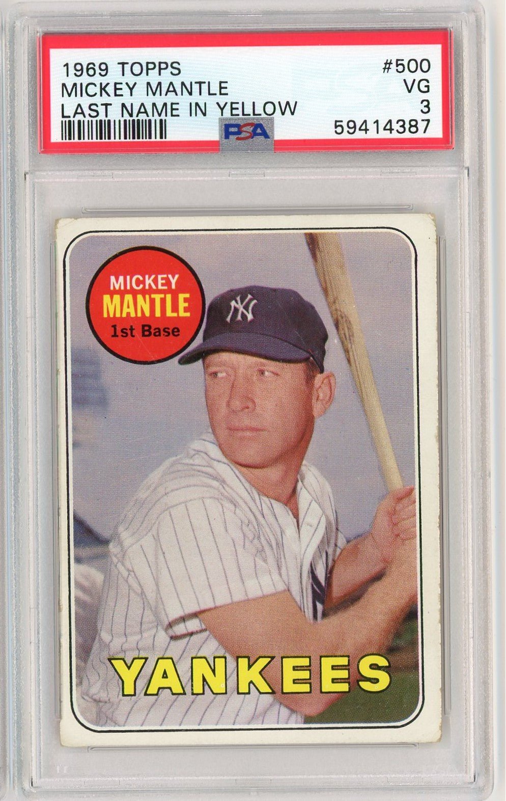 Graded 1969 Topps Mickey Mantle #500 Last Name in Yellow Baseball Card PSA 3 Very Good