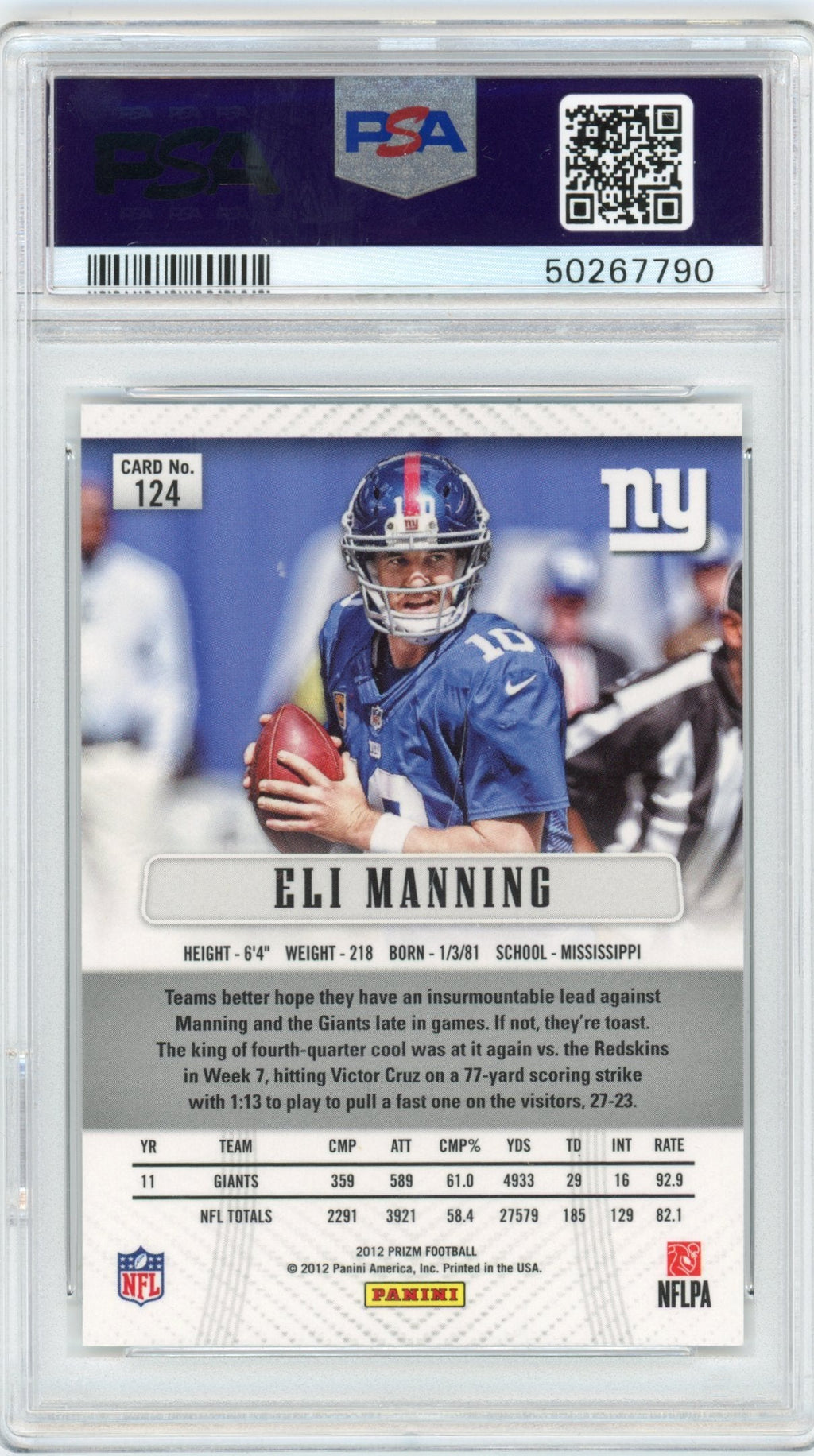 Graded 2012 Panini Prizm Eli Manning #124 Football Card PSA 10 Gem Mint