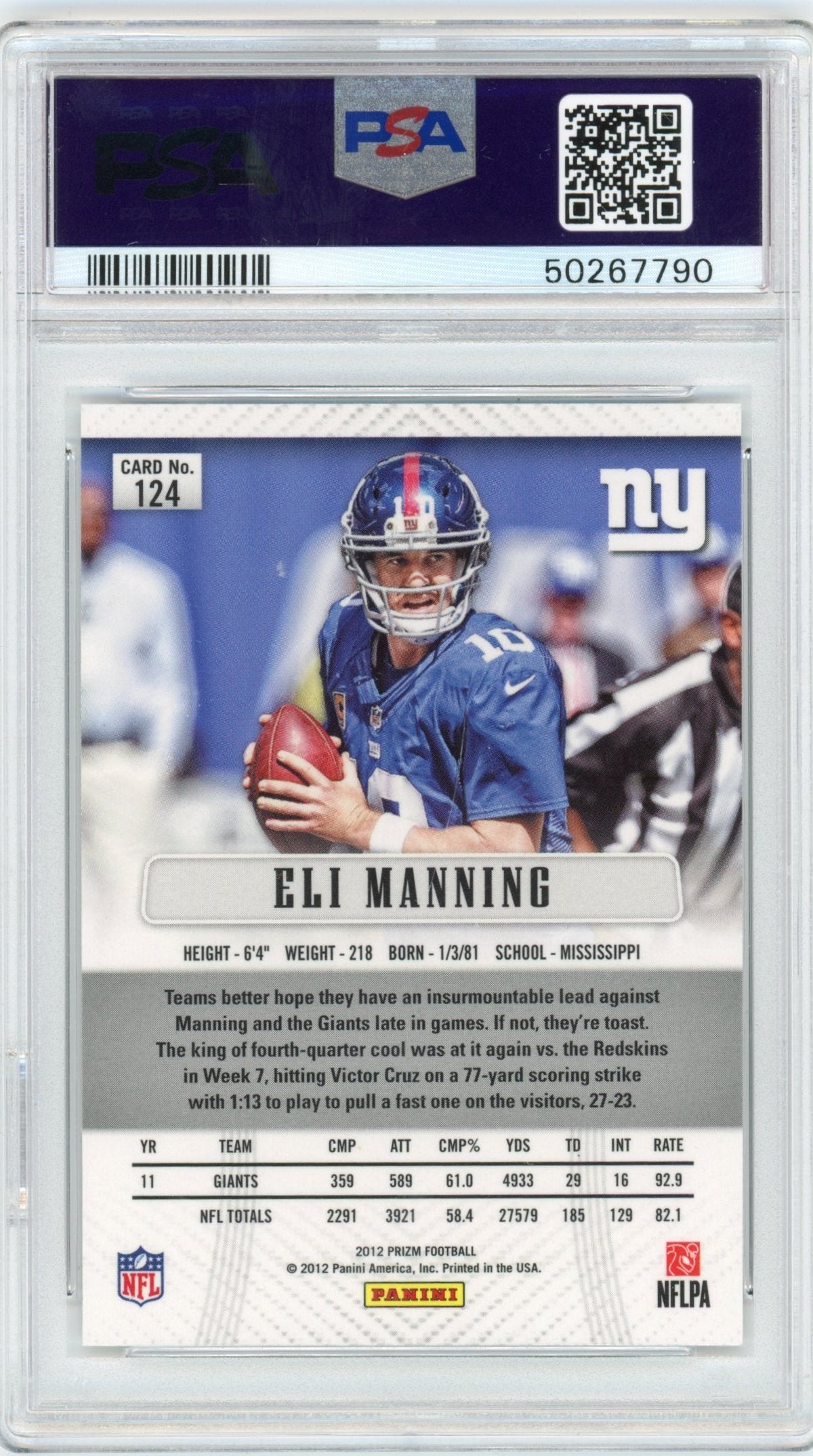 Graded 2012 Panini Prizm Eli Manning #124 Football Card PSA 10 Gem Mint