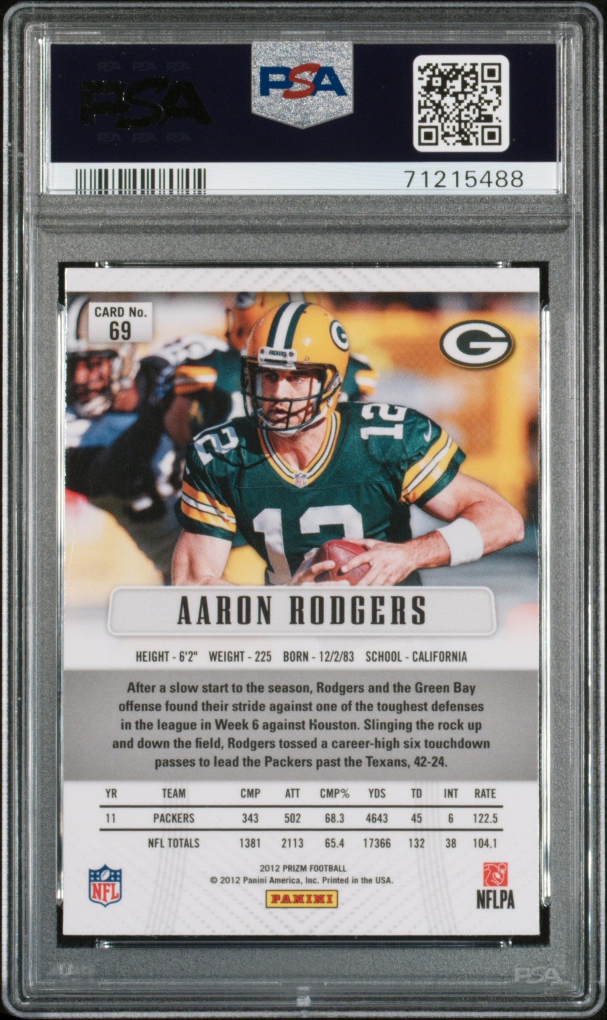 Graded 2012 Panini Prizm Aaron Rodgers #69 Football Card PSA 10 Gem Mint