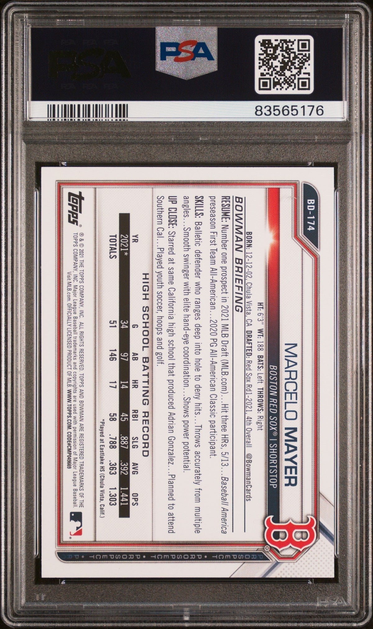 Graded 2021 Topps Bowman Draft Marcelo Mayer #BD174 Rookie RC Baseball Card PSA 10 Gem Mint