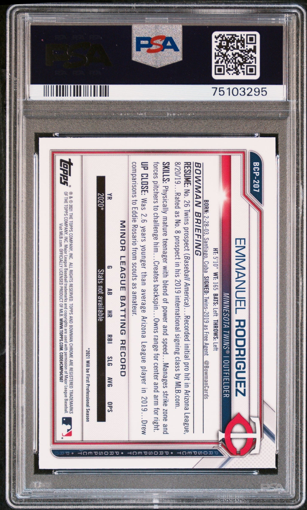Graded 2021 Topps Bowman Chrome Emmanuel Rodriguez #BCP207 Prospects Rookie RC Baseball Card PSA 10 Gem Mint