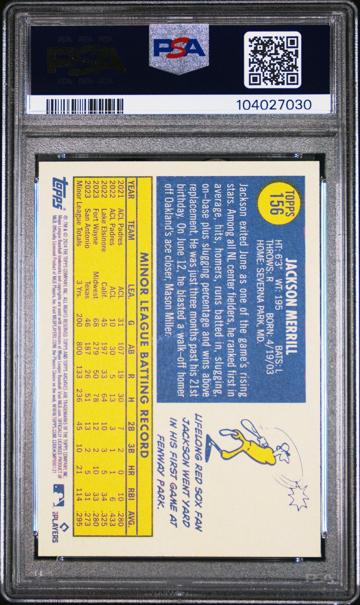 Graded 2024 Topps Archives Jackson Merrill #156 Rookie RC Baseball Card PSA 10 Gem Mint