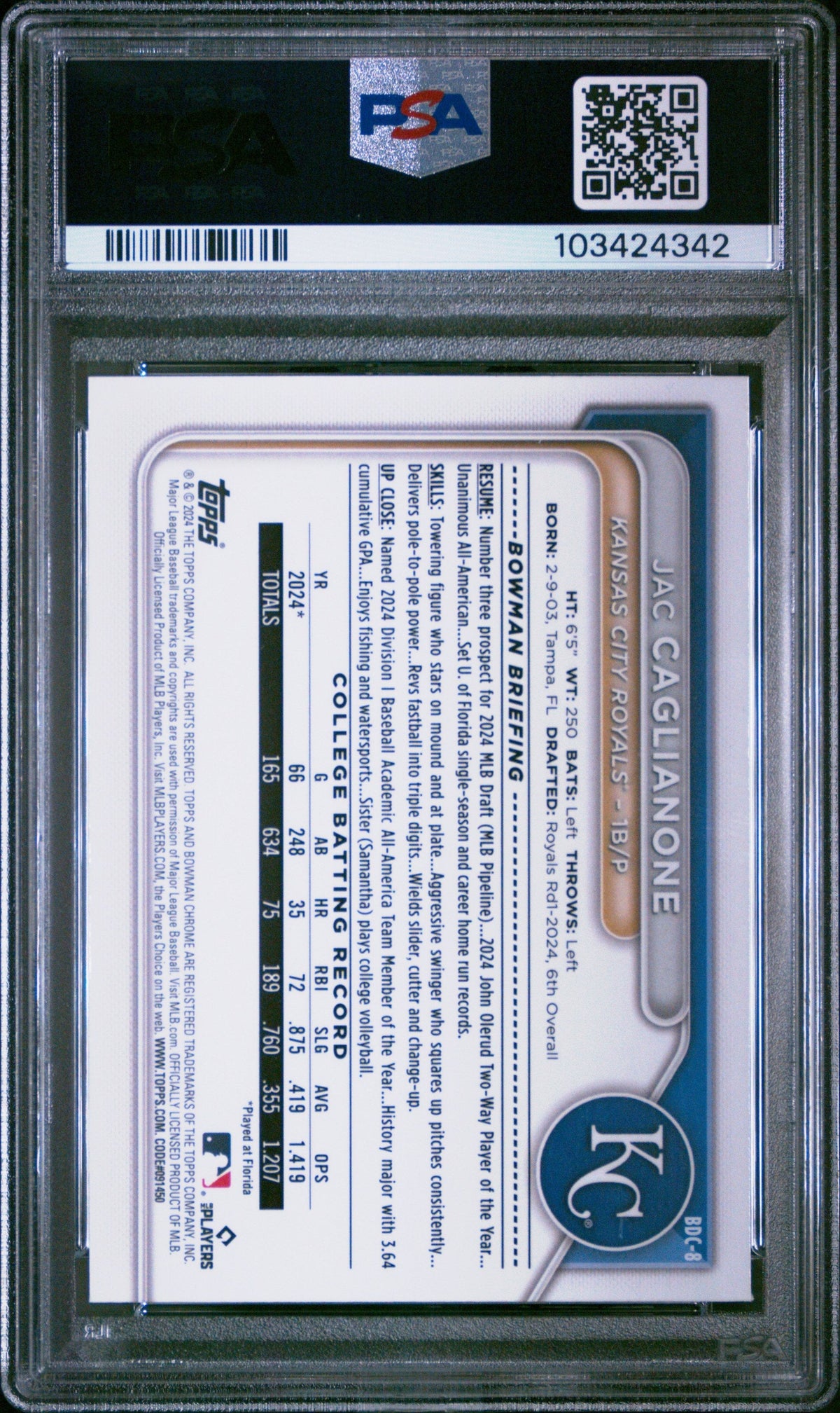 Graded 2024 Topps Bowman Draft Jac Caglianone #BDC8 Chrome Rookie RC Baseball Card PSA 10 Gem Mint