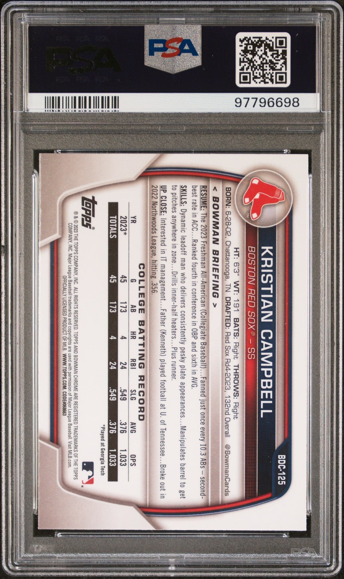 Graded 2023 Topps Bowman Draft Kristian Campbell #BDC125 Chrome Rookie RC Baseball Card PSA 10 Gem Mint