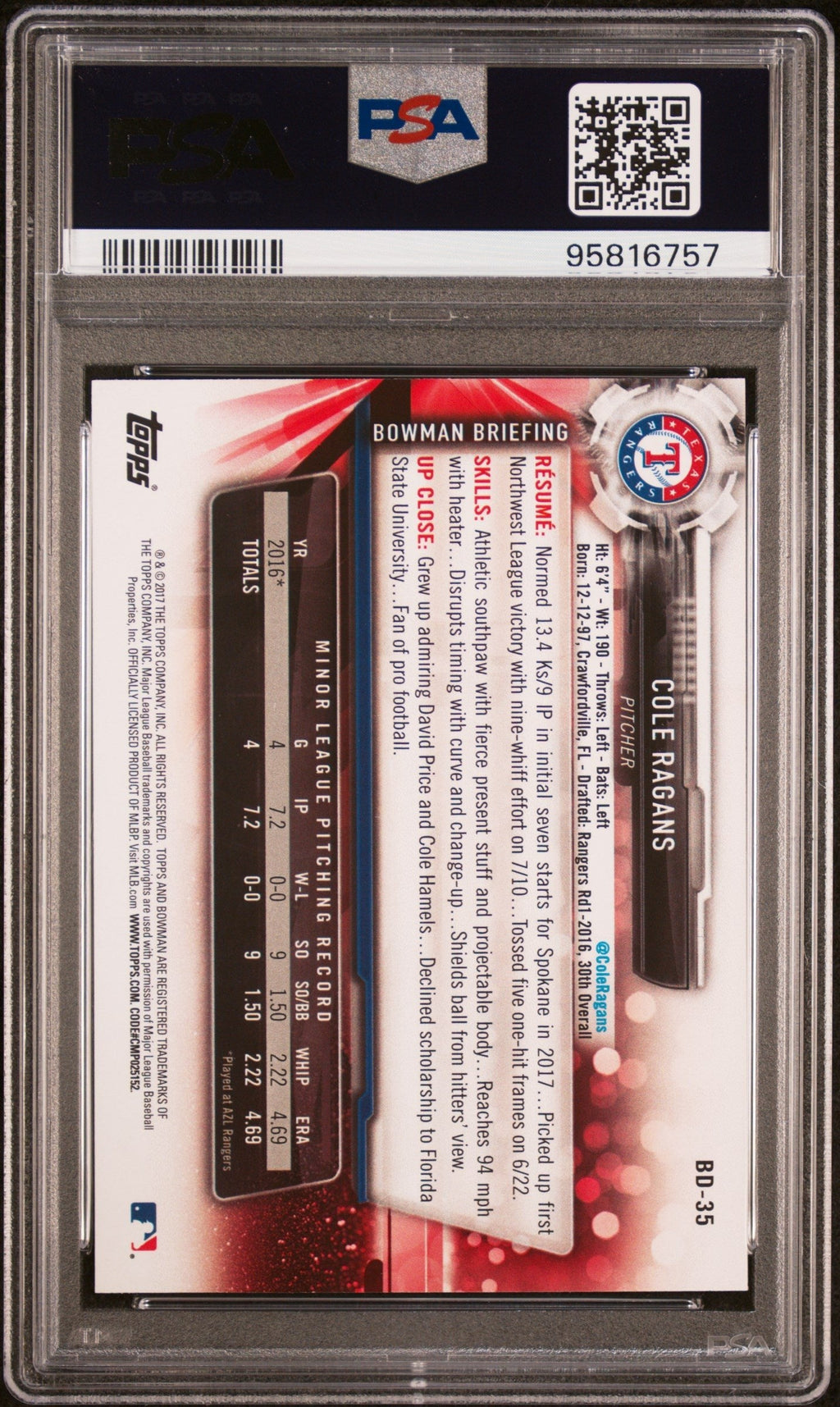 Graded 2017 Topps Bowman Draft Cole Ragans #BD35 Rookie RC Baseball Card PSA 10 Gem Mint