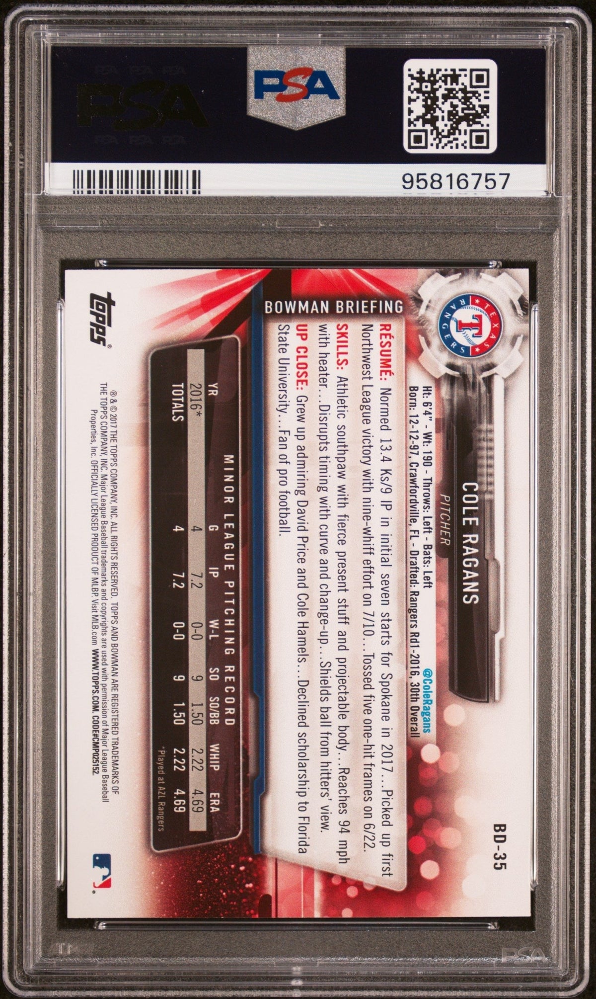 Graded 2017 Topps Bowman Draft Cole Ragans #BD35 Rookie RC Baseball Card PSA 10 Gem Mint