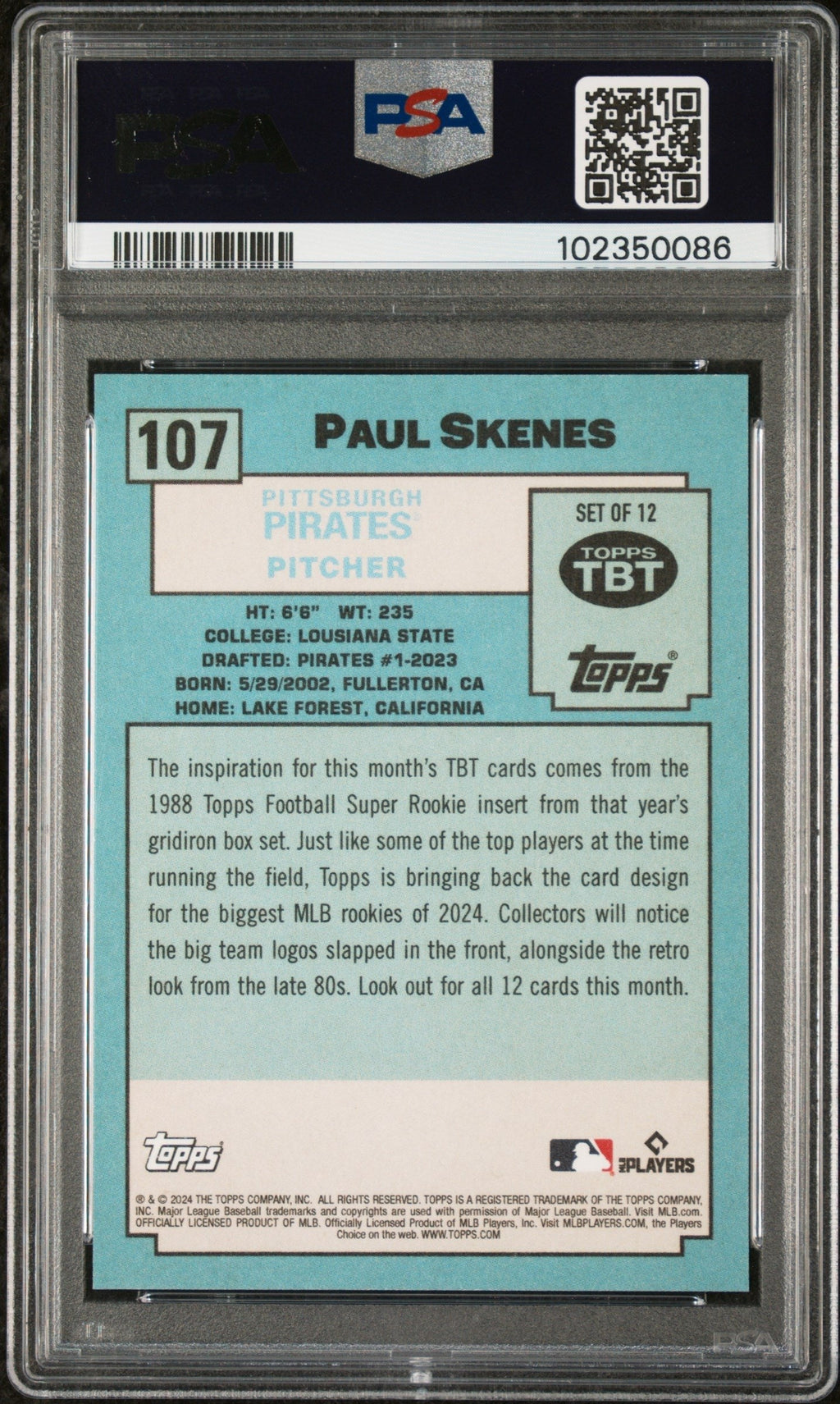 Graded 2024 Topps Paul Skenes #107 Throwback Thursday Rookie RC Baseball Card PSA 10 Gem Mint