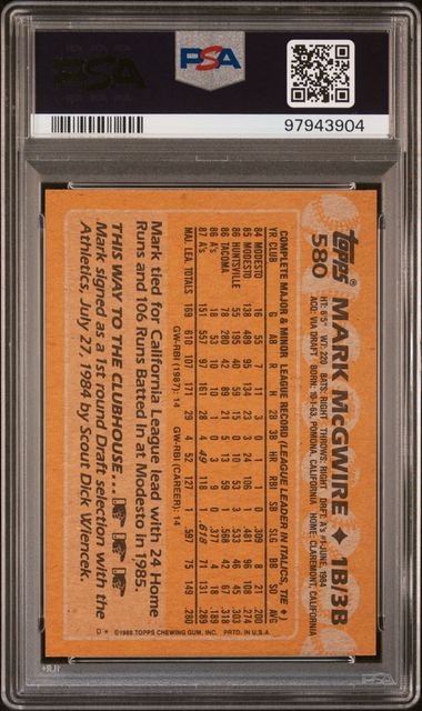 Graded 1988 Topps Mark McGwire #580 2nd Year Rookie Cup Baseball Card PSA 10 Gem Mint