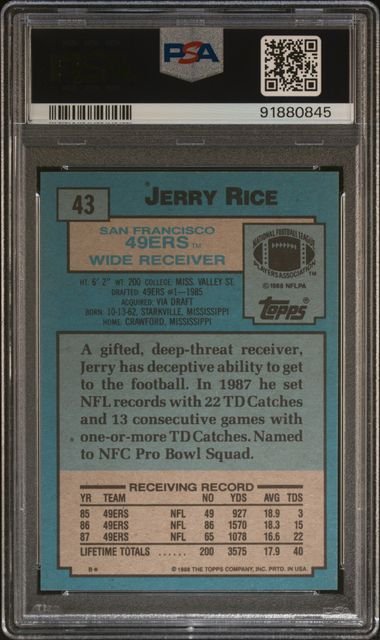 Graded 1988 Topps Jerry Rice #43 Football Card PSA 10 Gem Mint
