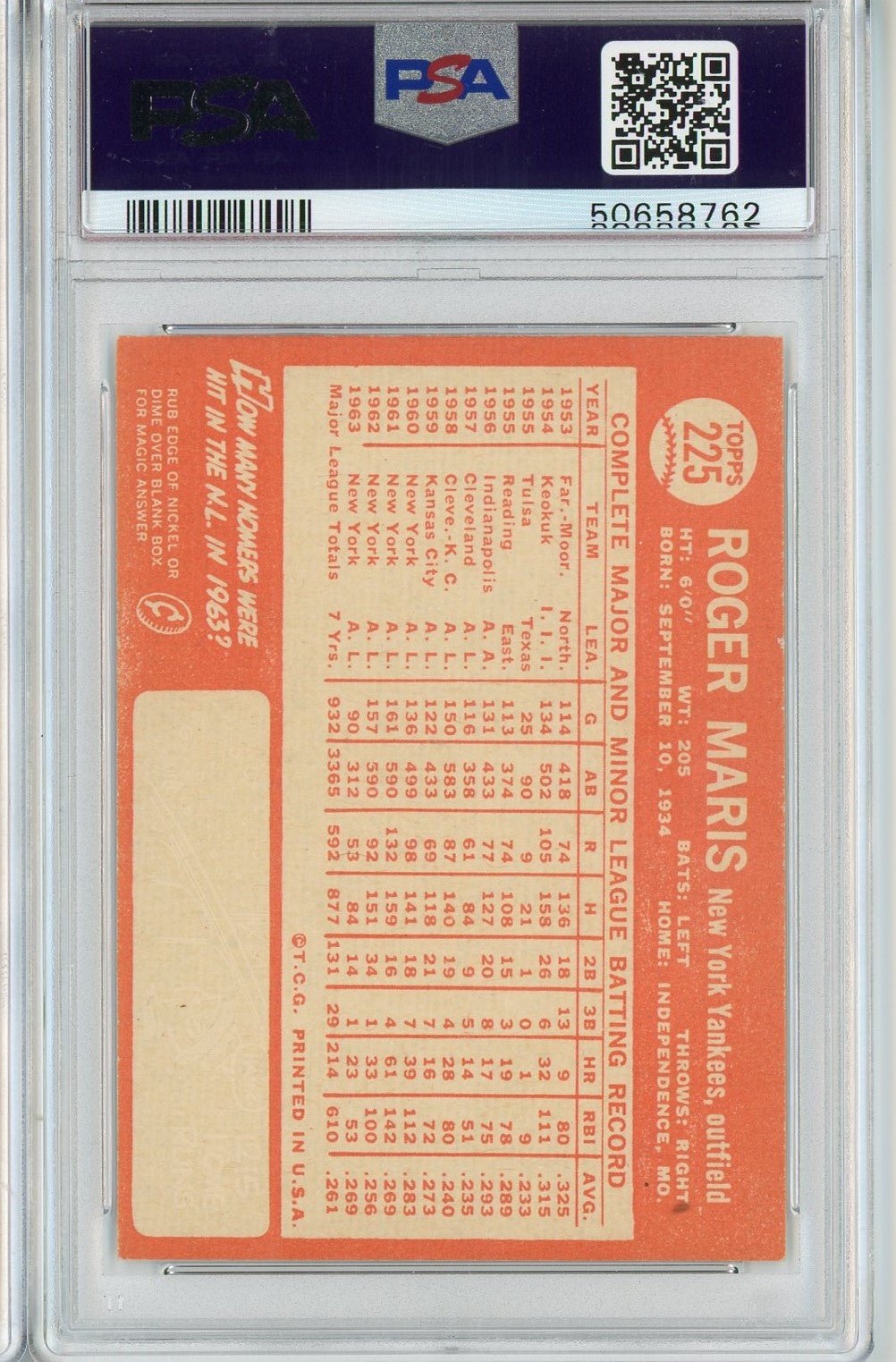 Graded 1964 Topps Roger Maris #225 Baseball Card PSA 6 EX-MT