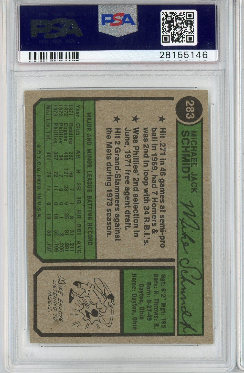 Graded 1974 Topps Mike Schmidt #283 2nd Year Baseball Card PSA 7 NM