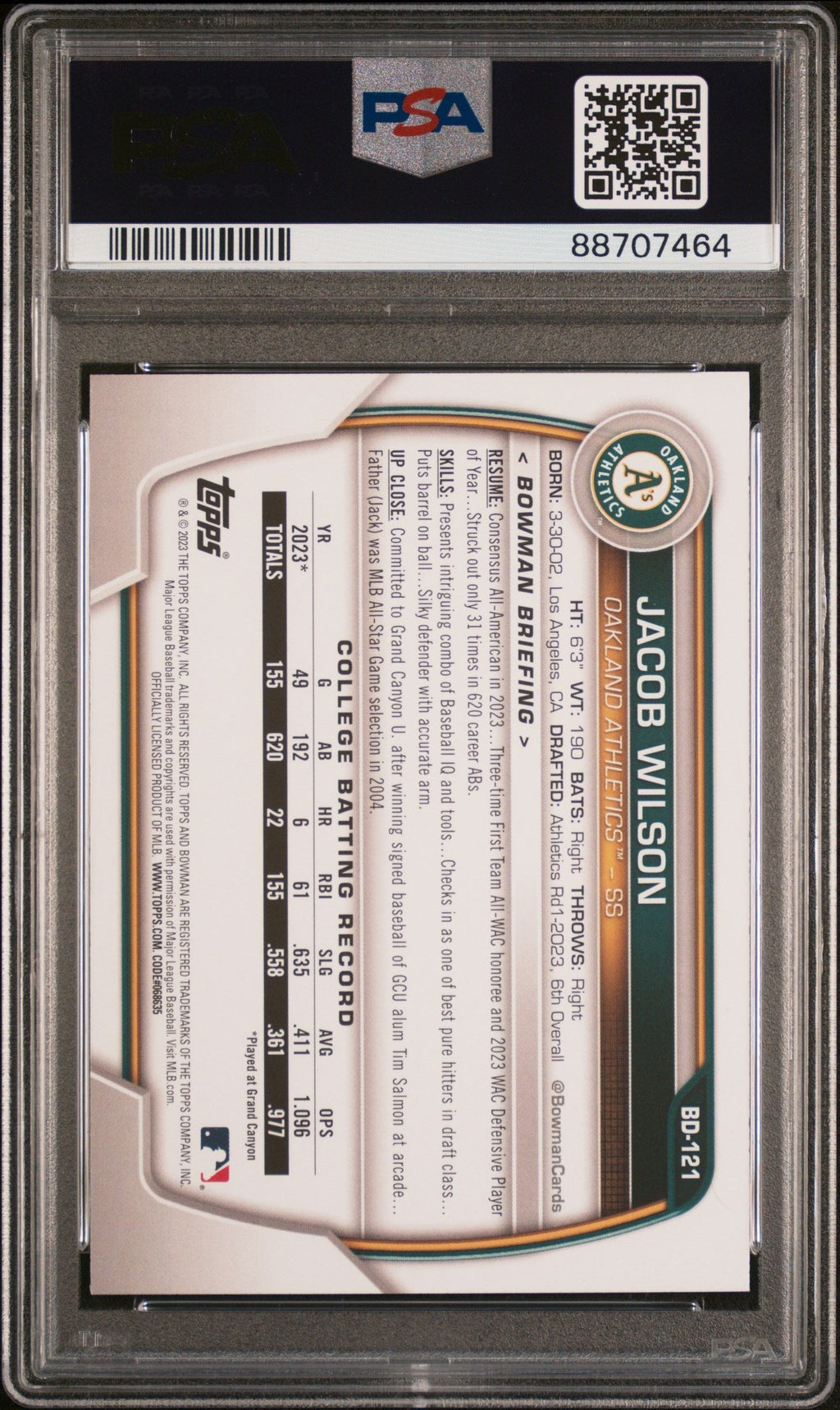 Graded 2023 Topps Bowman Draft Jacob Wilson #BD121 Rookie RC Baseball Card PSA 10 Gem Mint