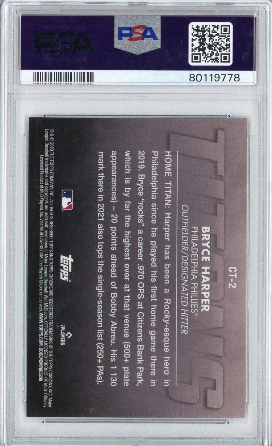 Graded 2023 Topps Chrome Bryce Harper #CT2 Titans Baseball Card PSA 10 Gem Mint