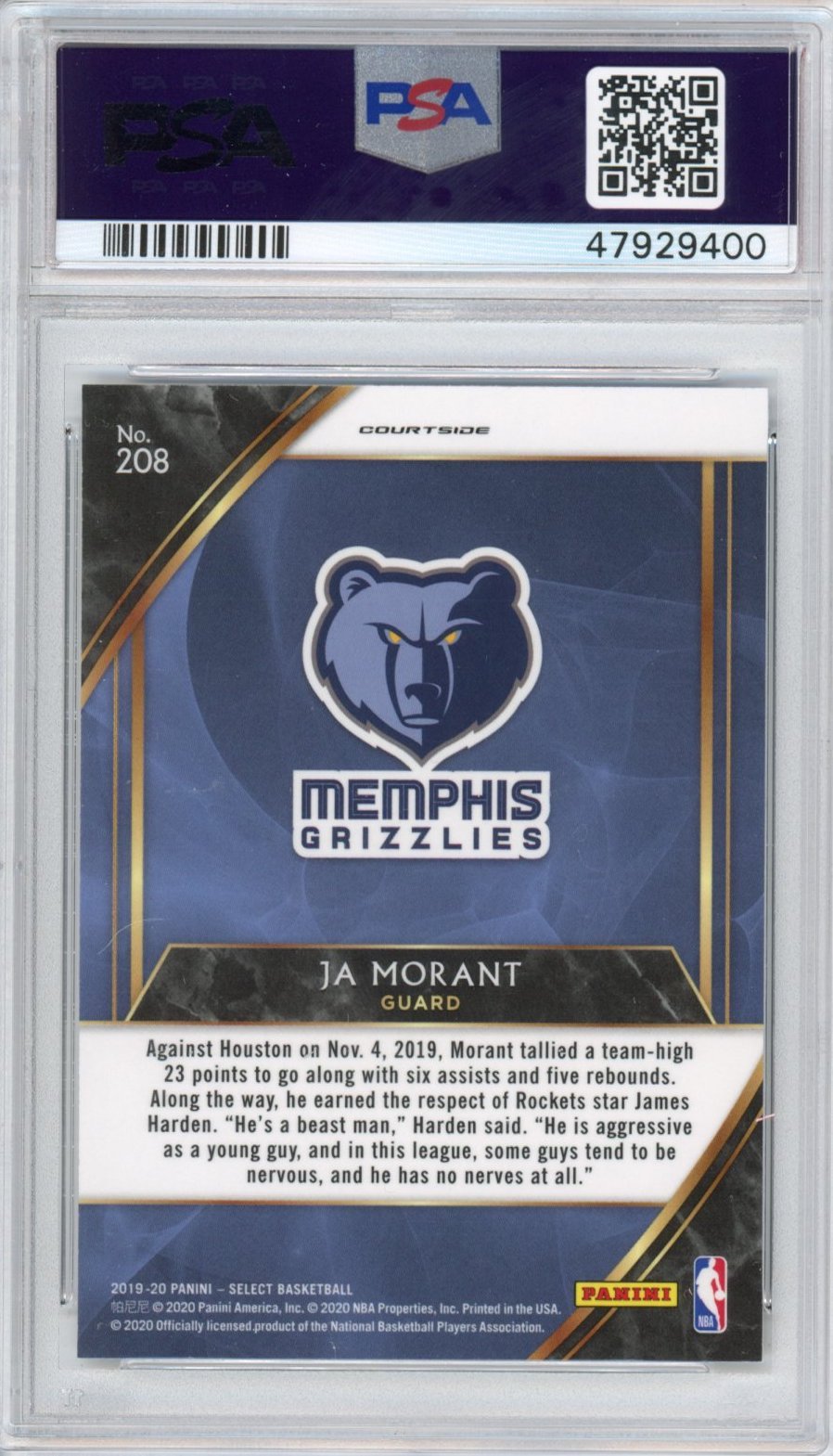 Graded 2019-20 Panini Select Ja Morant #208 Courtside Rookie RC Basketball Card PSA 10 Gem Mint