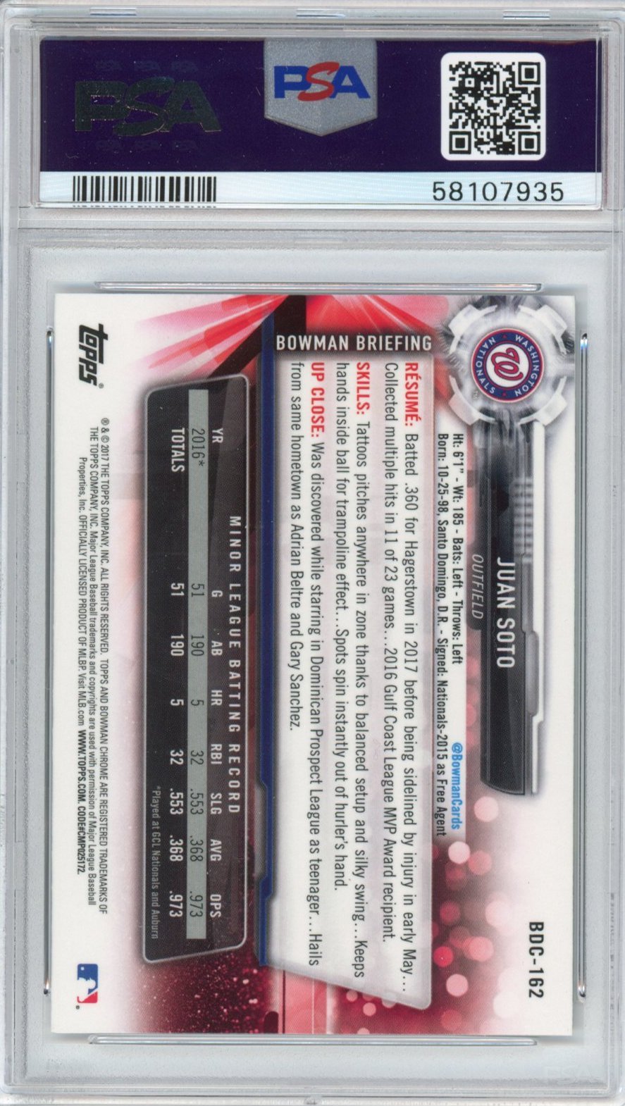 Graded 2017 Bowman Draft Chrome Juan Soto #BDC162 Rookie RC Baseball Card PSA 10 Gem Mint