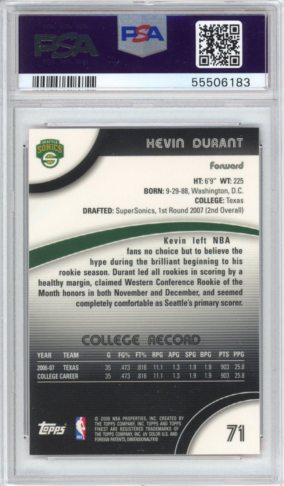 Graded 2007-08 Topps Finest Kevin Durant #71 Rookie RC Basketball Card PSA 10 Gem Mint