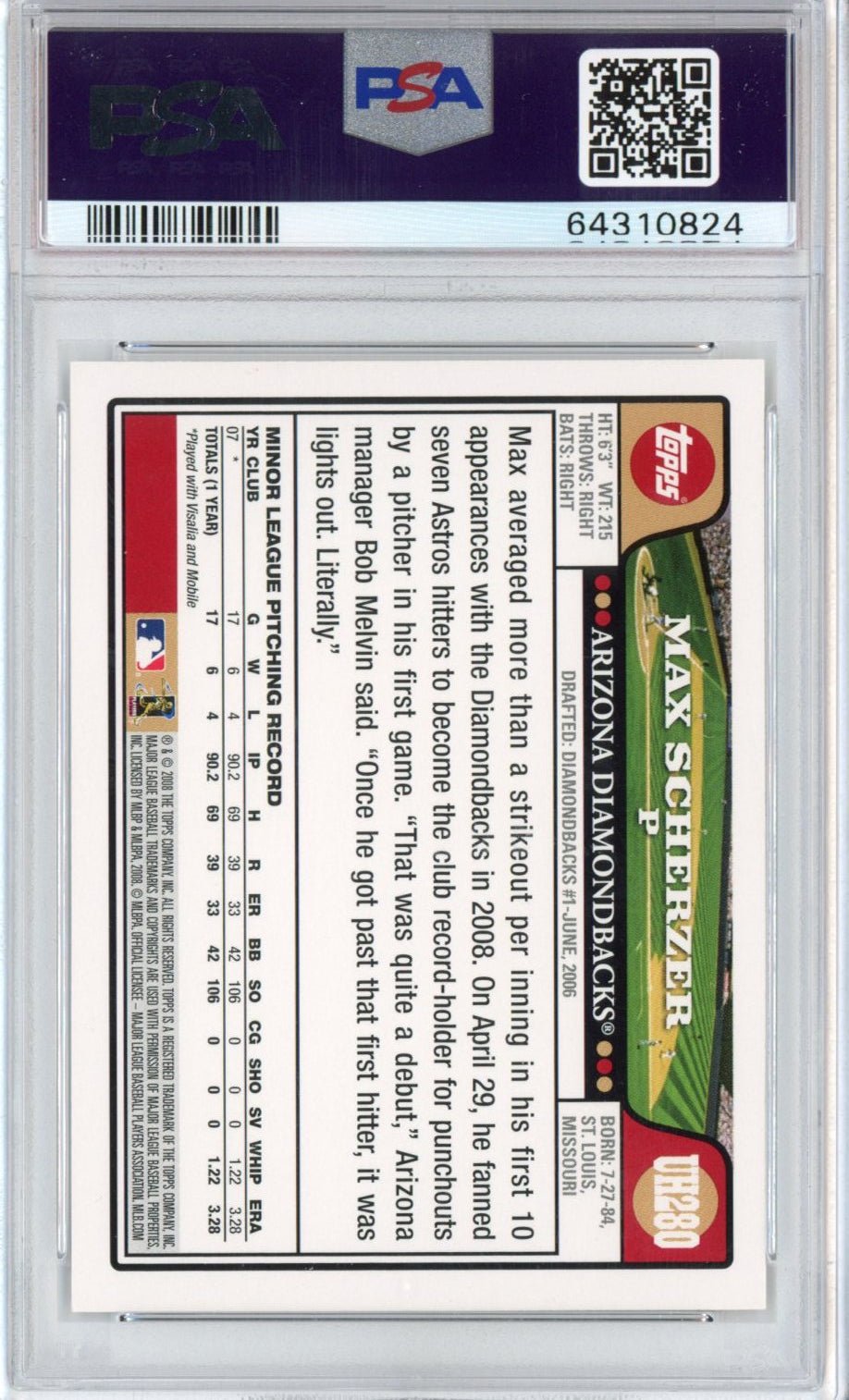 Graded 2008 Topps Update & Highlights Max Scherzer #UH280 Rookie RC Baseball Card PSA 9 Mint