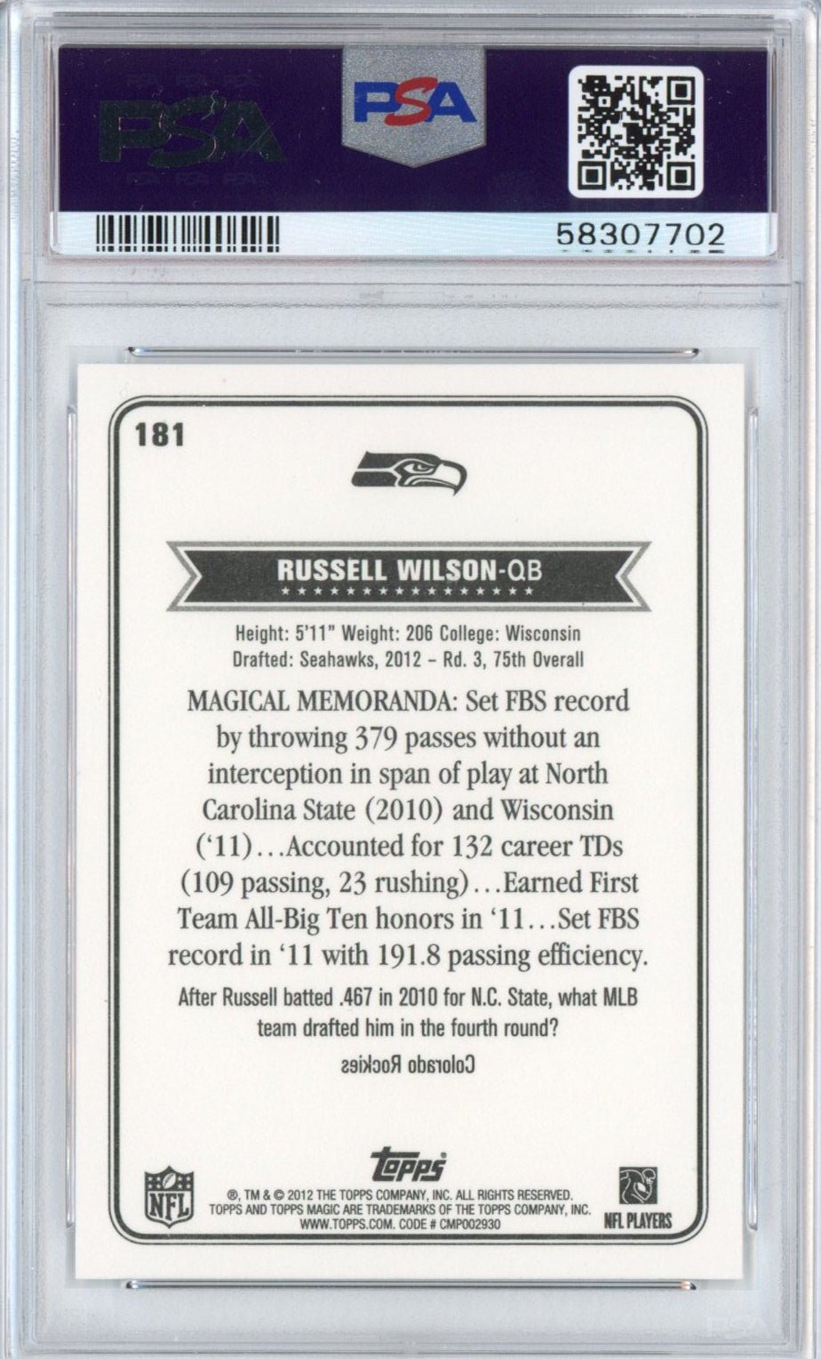 Graded 2012 Topps Magic Russell Wilson #181 Rookie RC Football Card PSA 10 Gem Mint