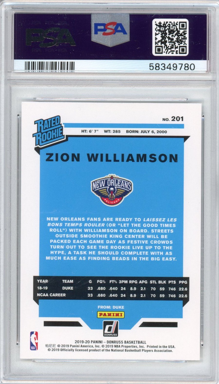 Graded 2019-20 Panini Donruss Zion Williamson #201 Rookie RC Basketball Card PSA 10 Gem Mint