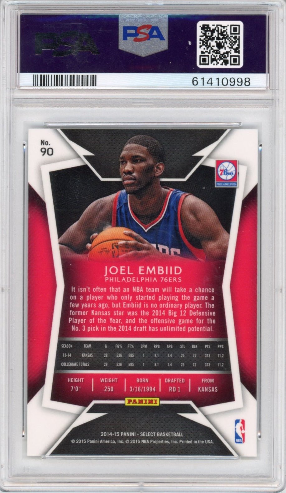 Graded 2014-15 Panini Select Joel Embiid #90 Rookie RC Basketball Card PSA 10 Gem Mint