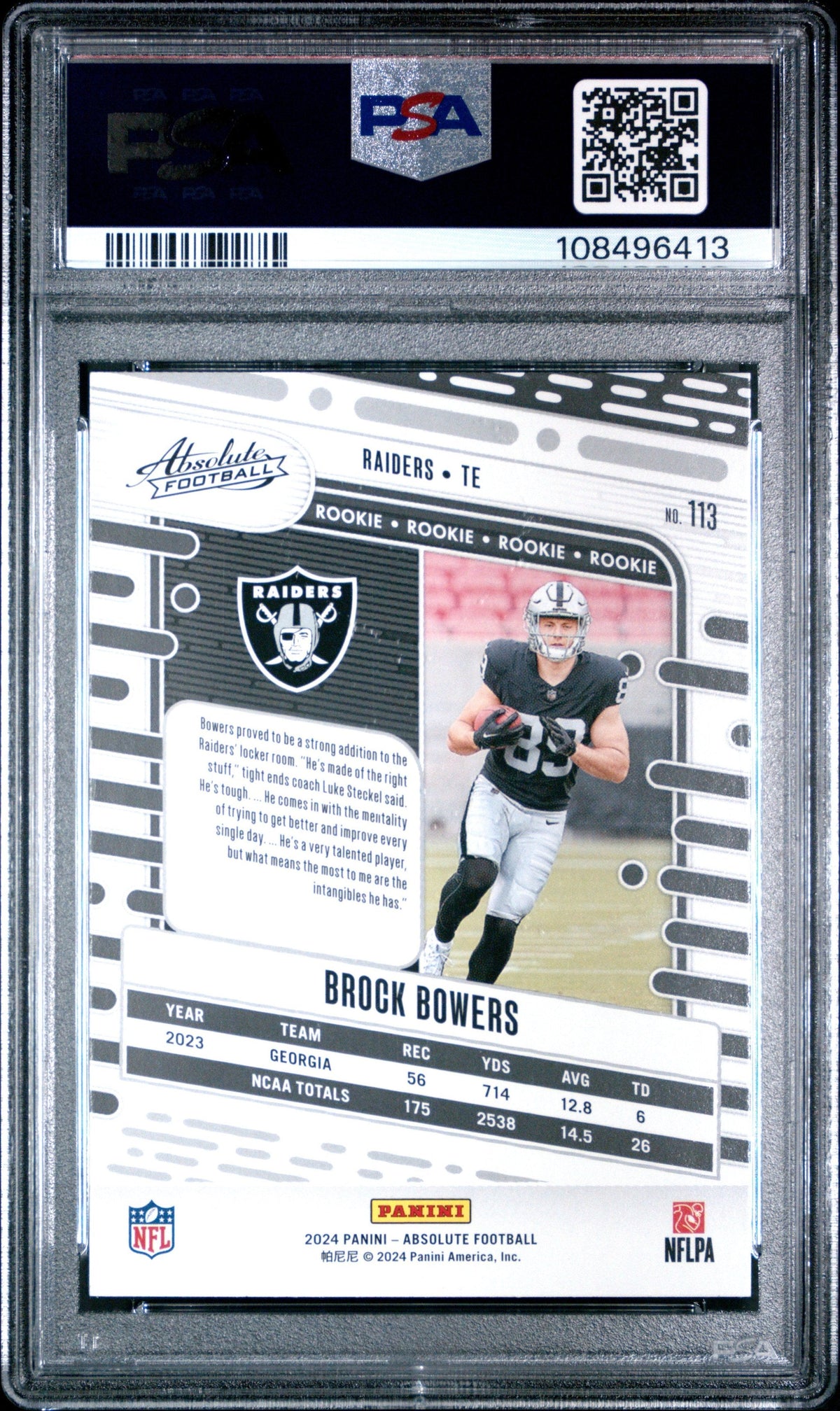 Graded 2024 Panini Absolute Brock Bowers #113 Green Rookie RC Football Card PSA 10 Gem Mint