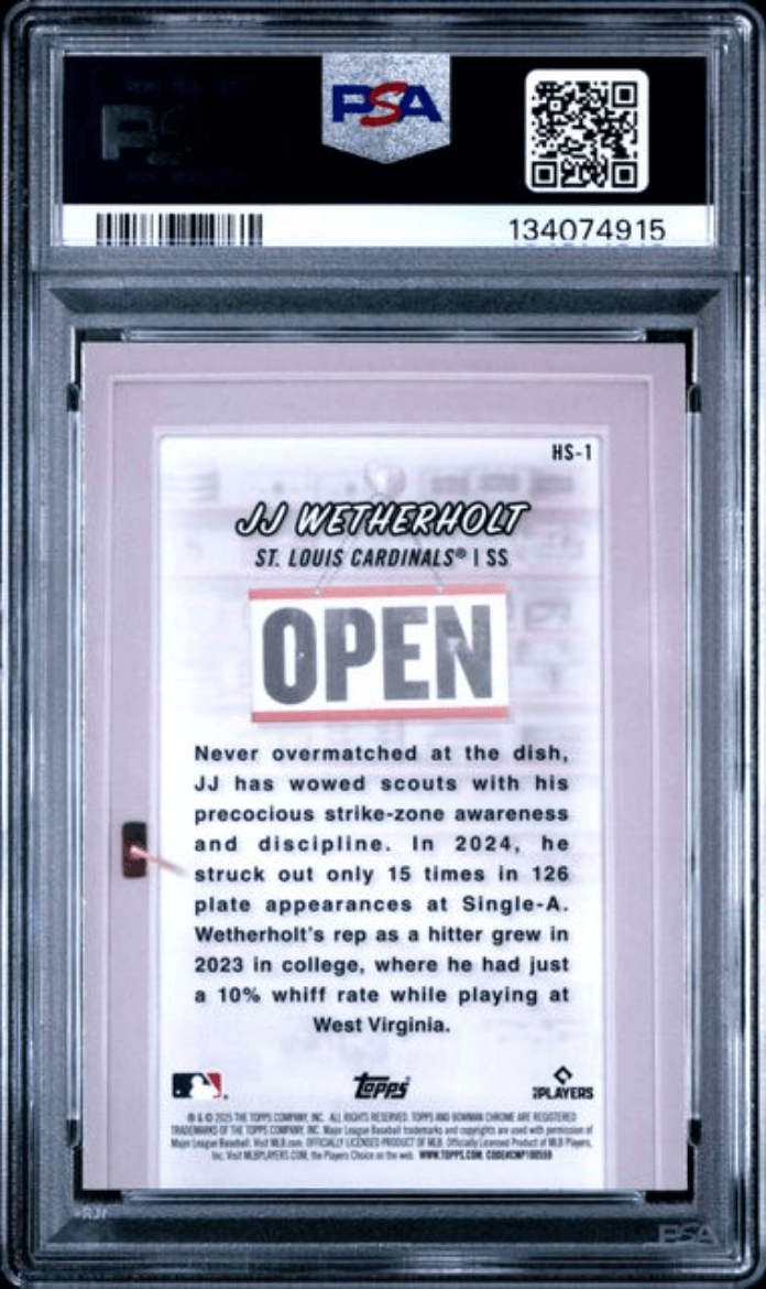 Graded 2025 Topps Bowman JJ Wetherholt #HS1 Hobby Stars Rookie RC Baseball Card PSA 10 Gem Mint