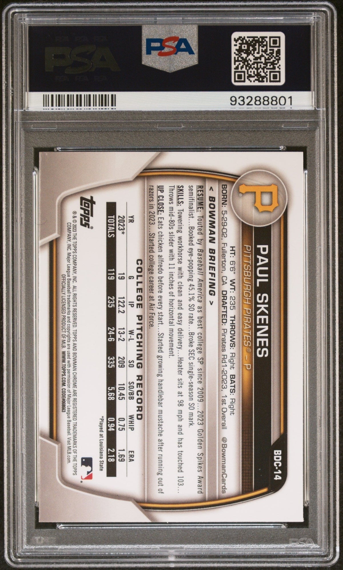 Graded 2023 Topps Bowman Draft Paul Skenes #BDC14 Chrome Rookie RC Baseball Card PSA 9 Mint