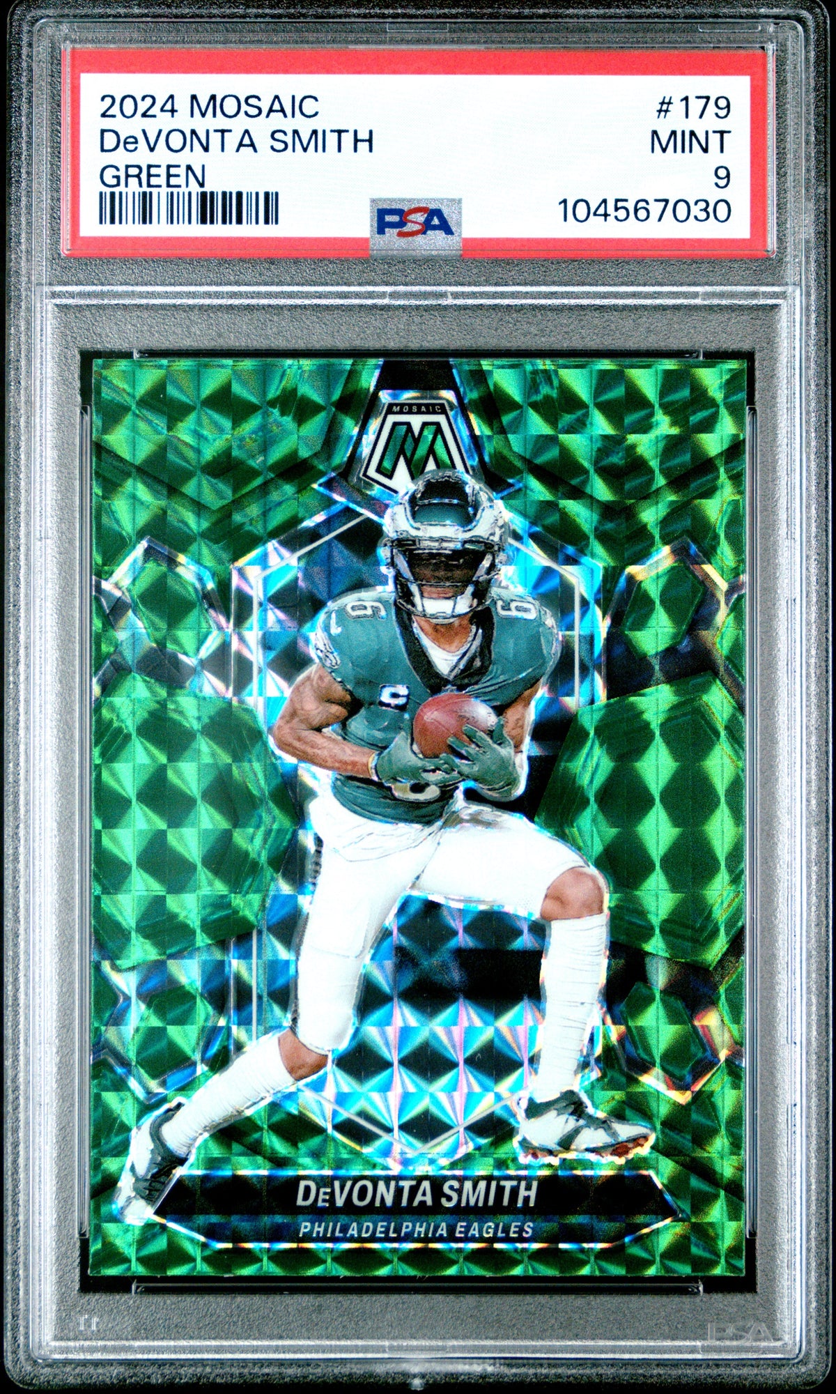 Graded 2024 Panini Mosaic DeVonta Smith #179 Green Football Card PSA 9 Mint