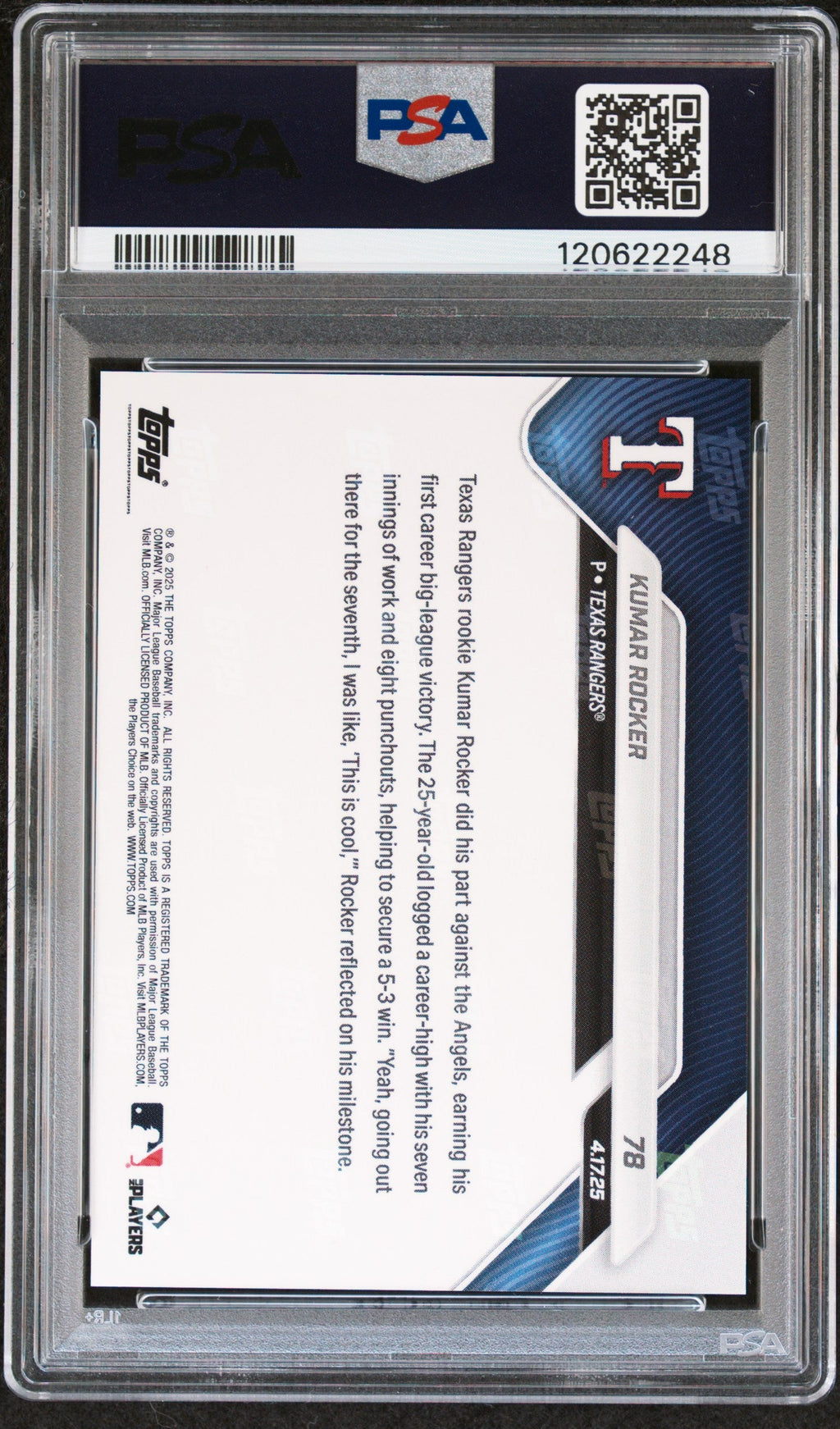 Graded 2025 Topps Now Kumar Rocker #78 Rookie RC Baseball Card PSA 9 Mint