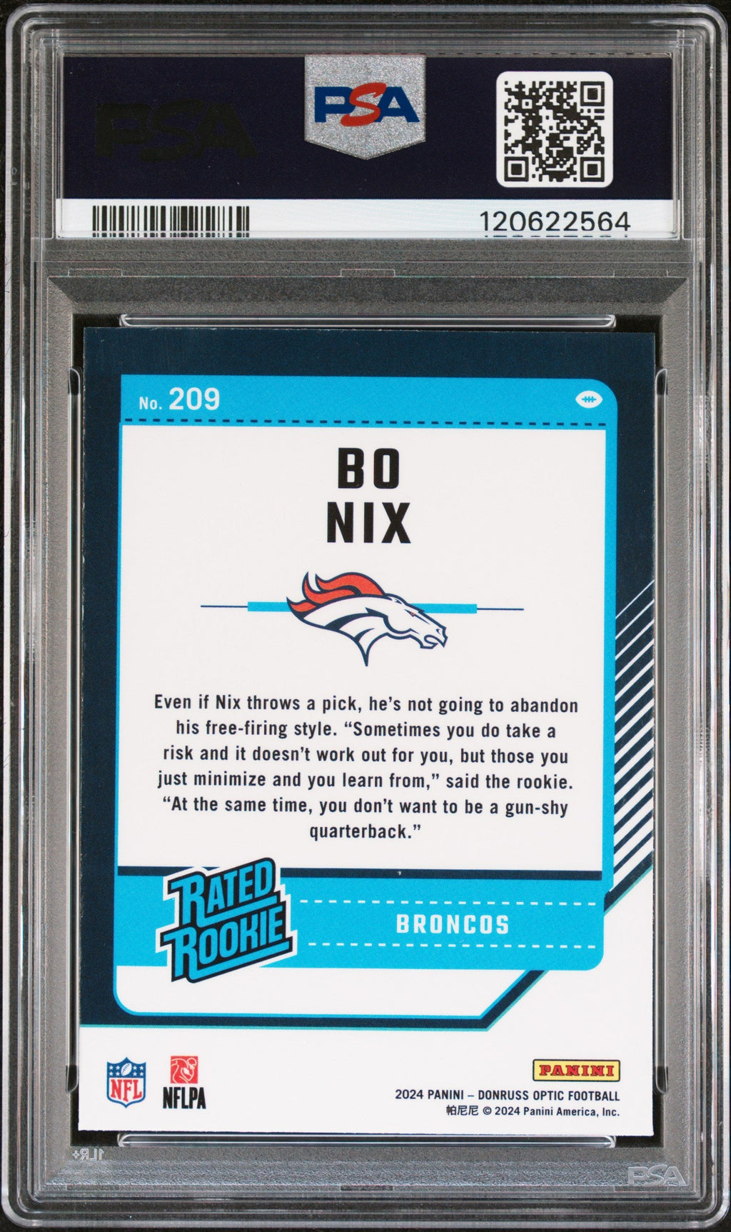 Graded 2024 Panini Donruss Optic Bo Nix #209 Rookie RC Football Card PSA 9 Mint