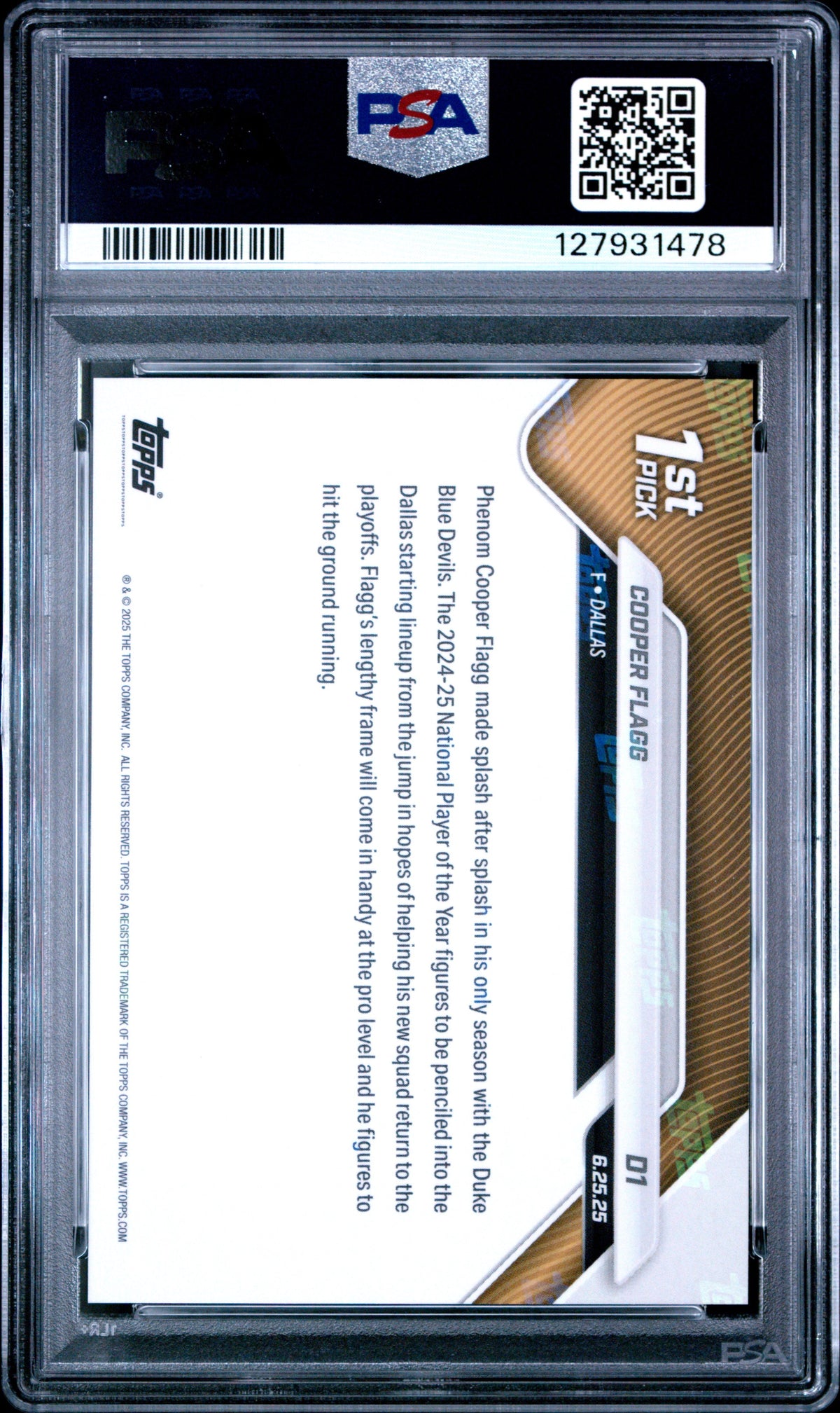 Graded 2025 Topps Now Cooper Flagg #D1 Draft Rookie RC Basketball Card PSA 9 Mint